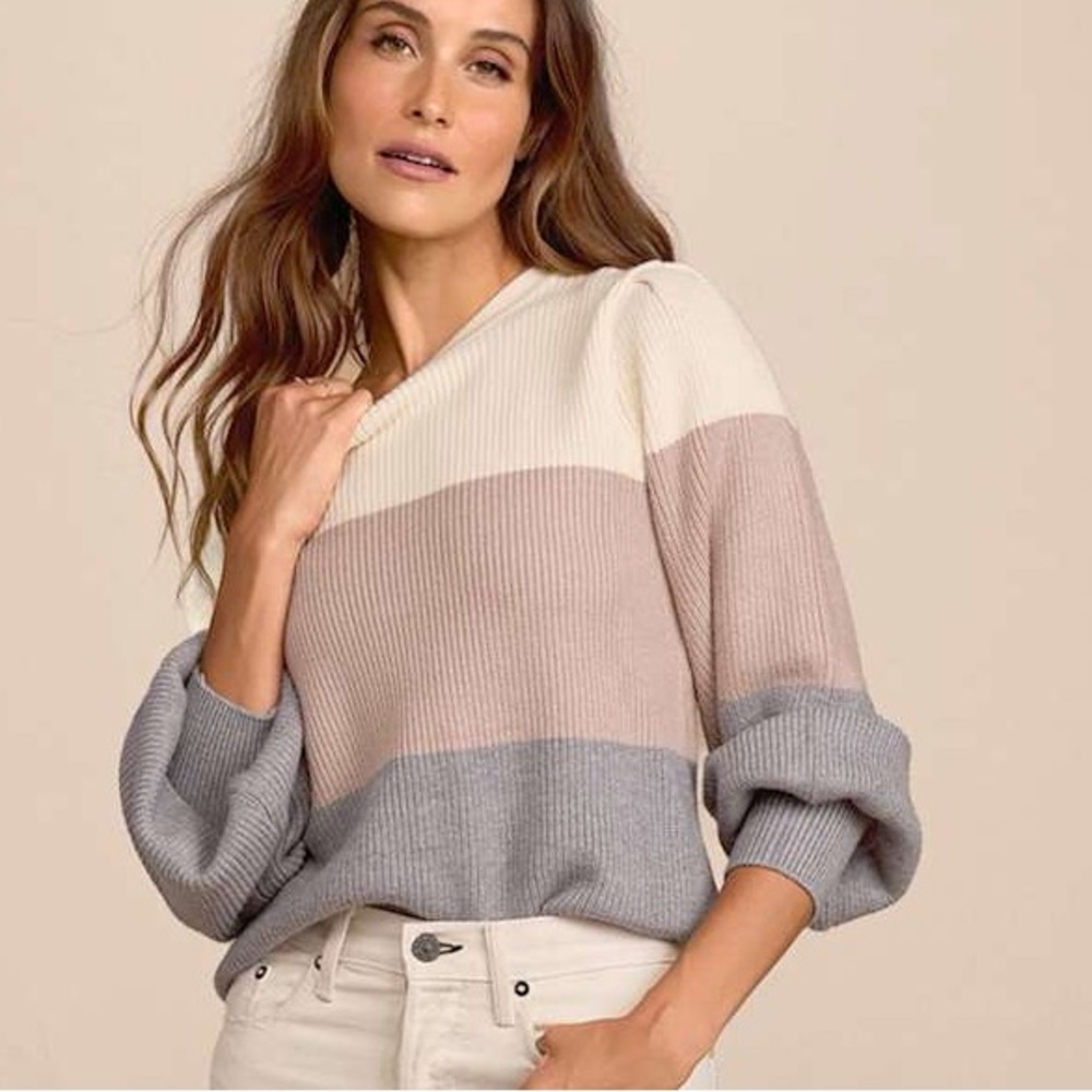 Lulus Colorblock Ribbed Sweater Small Neutral Cream Tan Gray Balloon Sleeve